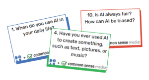 Colorful cards from the Family AI Literacy toolkit featuring questions like How do you use AI in your daily life? Have you ever used AI to create something? Is AI always fair? How can AI be biased?